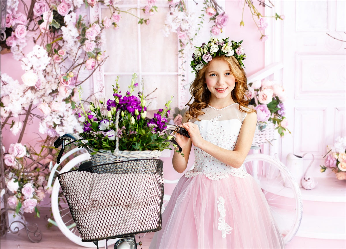 Pink Wall Filled With Flowers White Bicycle Backdrop M1-08