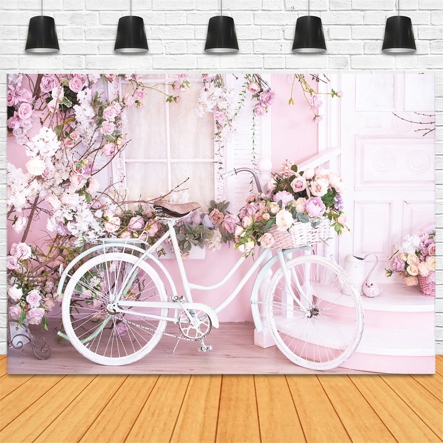 Pink Wall Filled With Flowers White Bicycle Backdrop M1-08