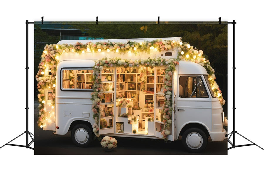 Floral Lighting Filled Books Bus Backdrop M1-10 – Dbackdropcouk