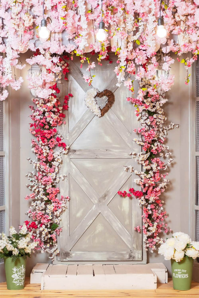 Pink Flower Love Wooden Door Backdrop M1-11