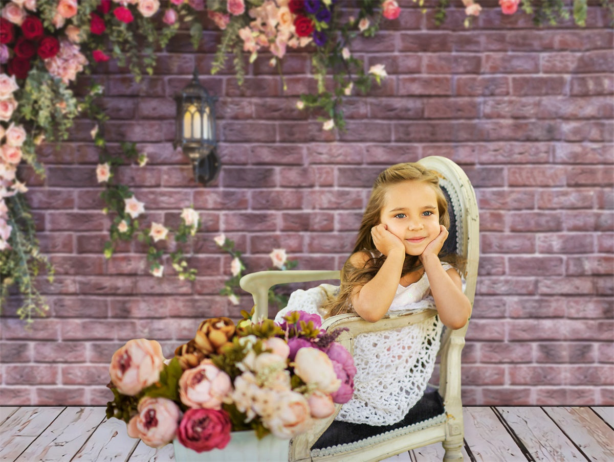 Spring Vintage Brick Wall Flower Street Light Backdrop M1-20