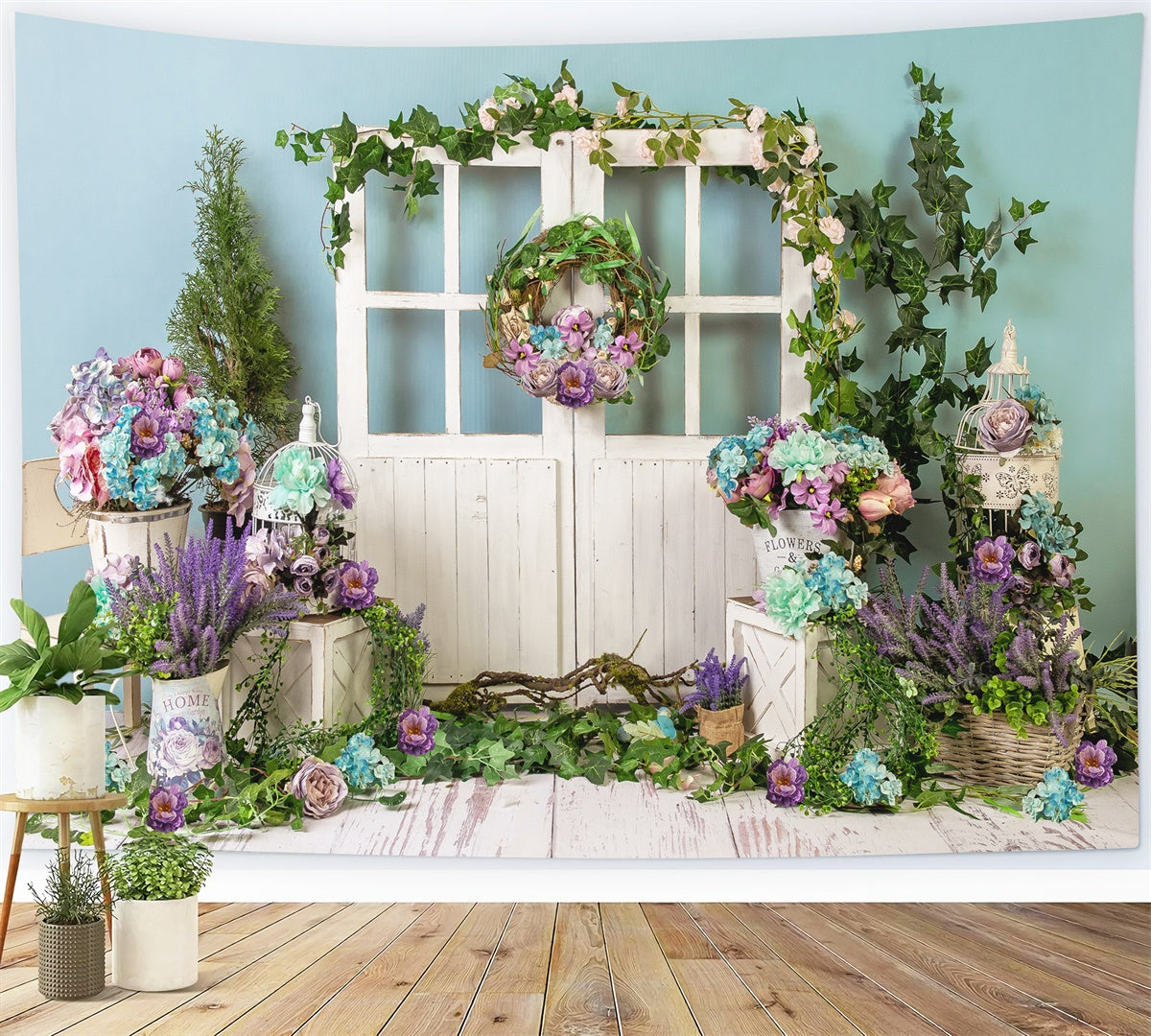 Spring Flower Wreath Wooden Door Fresh Backdrop M1-21