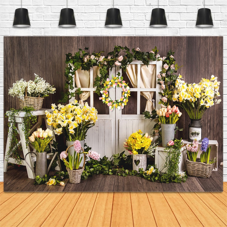 Spring Flower Wreath Wooden Door Vintage Backdrop M1-22