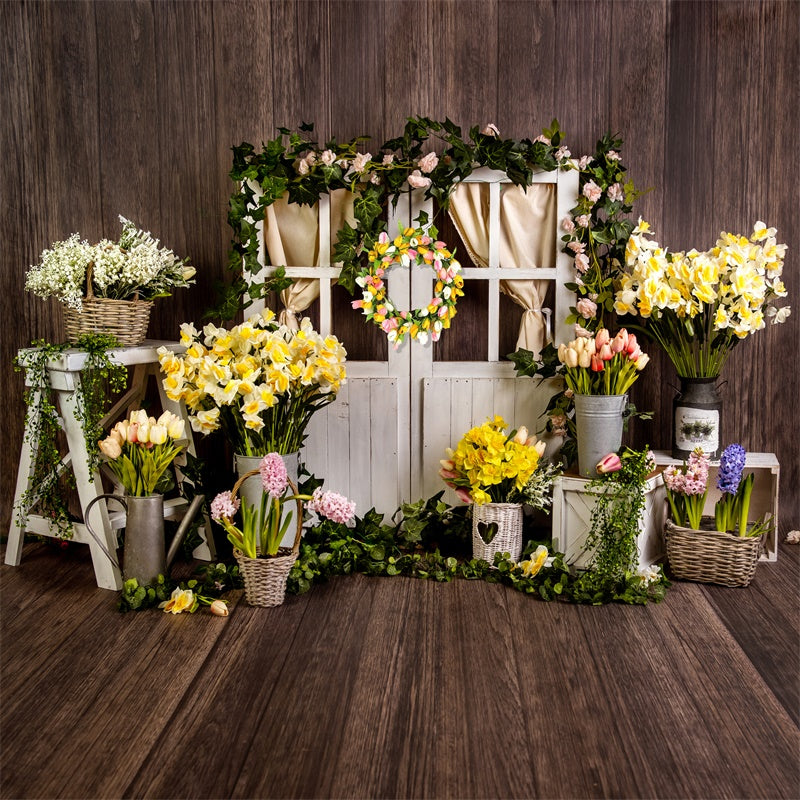 Spring Flower Wreath Wooden Door Vintage Backdrop M1-22