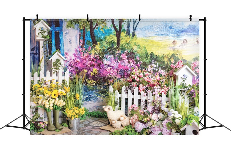 Spring Oil Painting Rustic Flowers Patio Backdrop M1-33