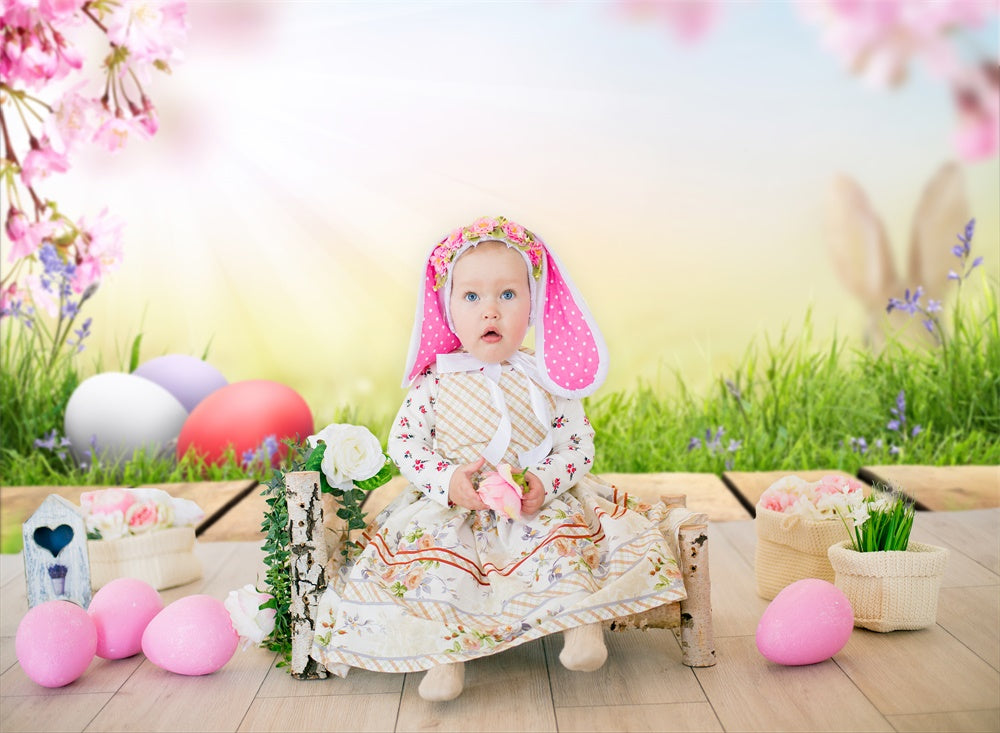 Easter Egg Sunshine Cherry Blossom Lawn Boardwalk Backdrop M1-34