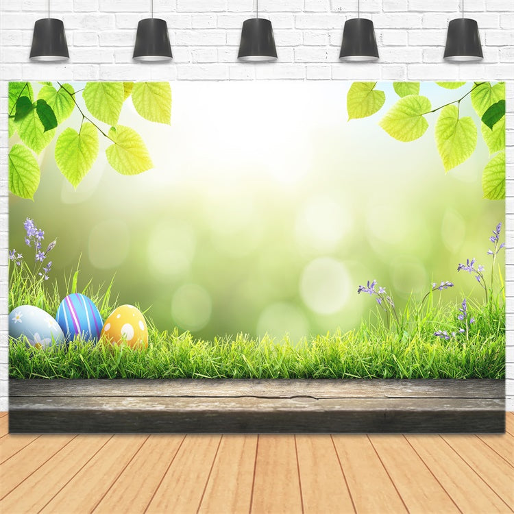 Easter Eggs Sunshine Green Leafy Lawn Backdrop M1-35
