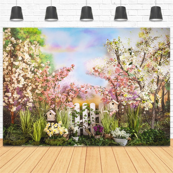 Spring Rainbow Color Cloud Cherry Blossom White Fence Backdrop M1-40