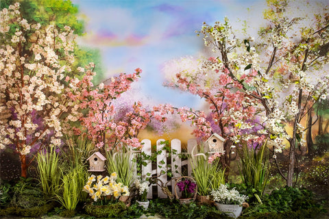 Spring Rainbow Color Cloud Cherry Blossom White Fence Backdrop M1-40