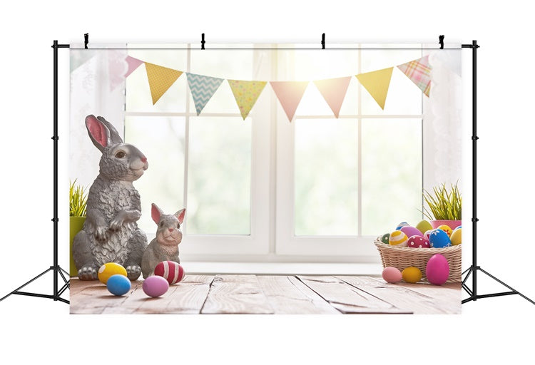 Easter Eggs Gray Bunny Colorful Flags Window Backdrop M1-45