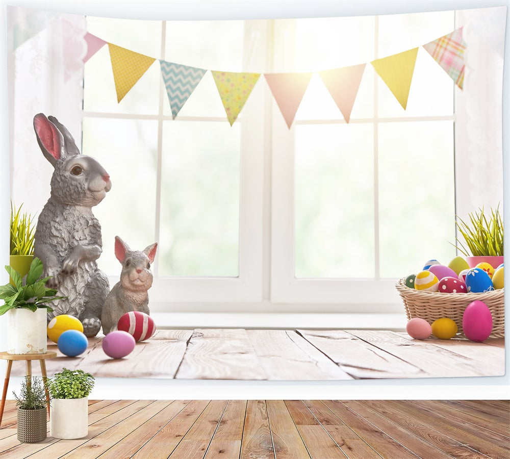 Easter Eggs Gray Bunny Colorful Flags Window Backdrop M1-45