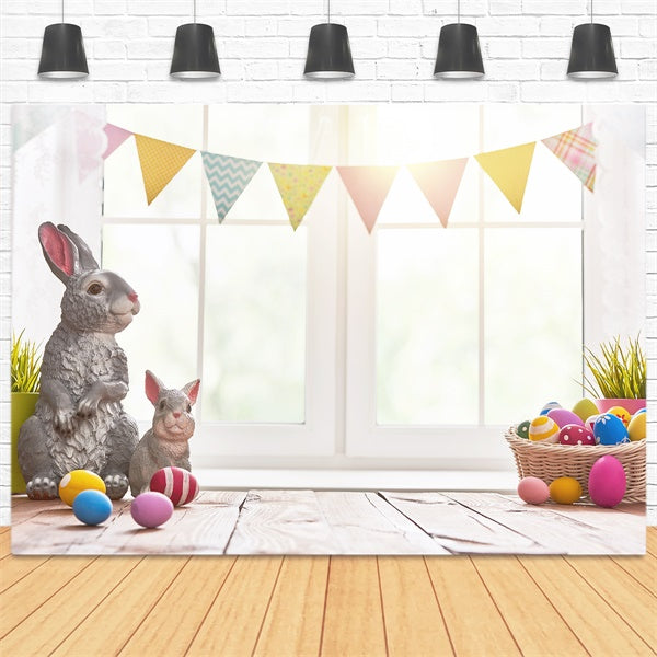 Easter Eggs Gray Bunny Colorful Flags Window Backdrop M1-45