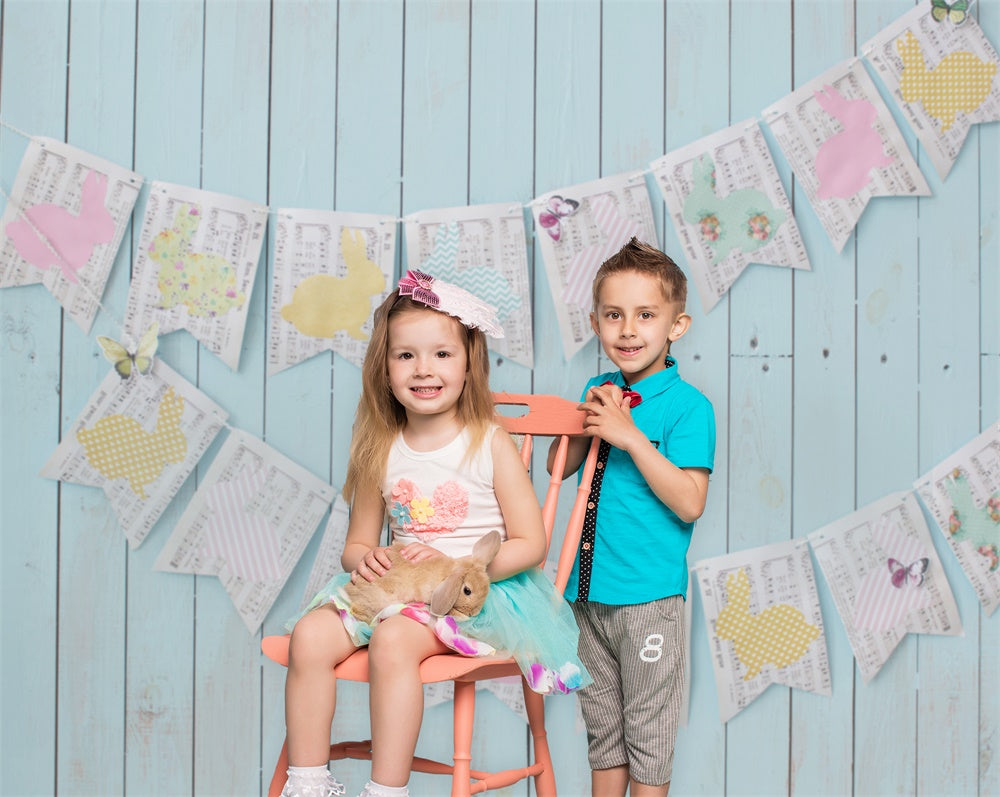 Easter Blue Boardwalk Wall Note Bunny Flags Backdrop M1-46