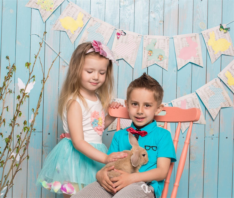 Easter Blue Boardwalk Wall Note Bunny Flags Backdrop M1-46