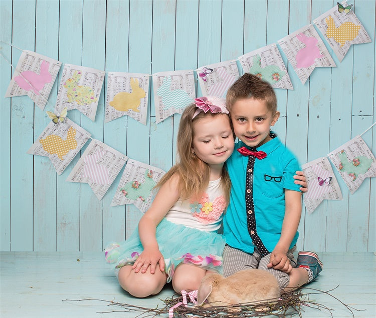 Easter Blue Boardwalk Wall Note Bunny Flags Backdrop M1-46