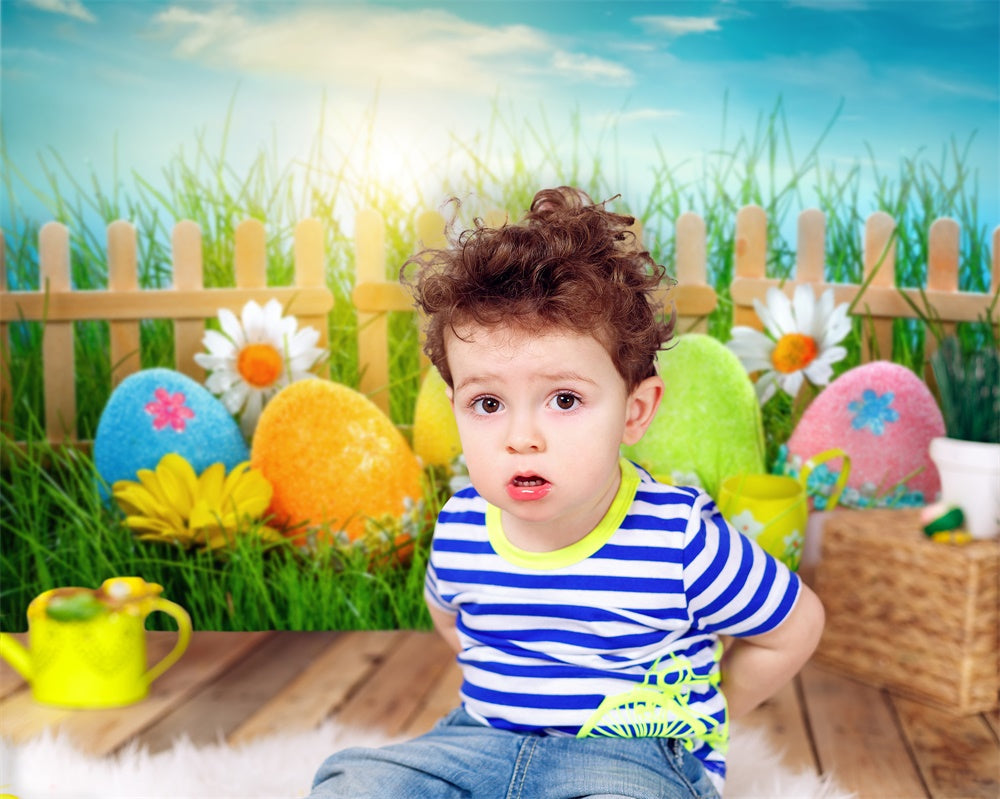 Easter Daisy Egg Fence Grassy Sky Backdrop M1-58