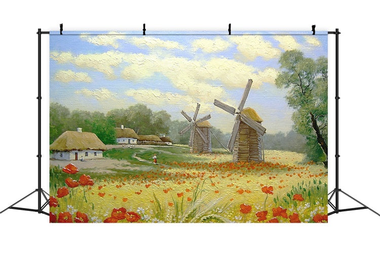 Spring Oil Painting Field Flowers Windmill Village Backdrop M1-73