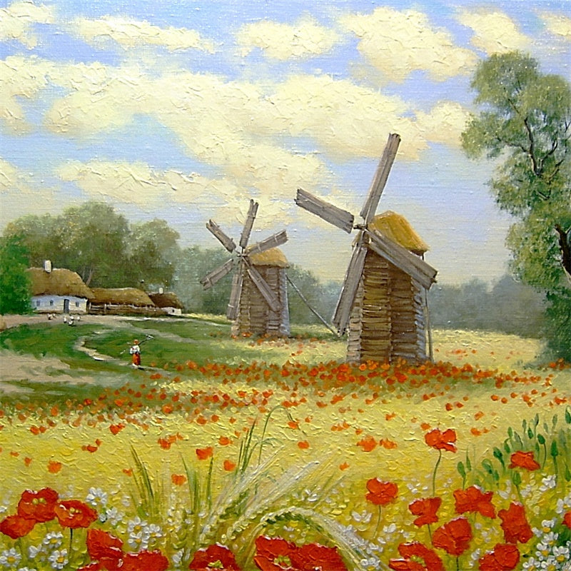 Spring Oil Painting Field Flowers Windmill Village Backdrop M1-73