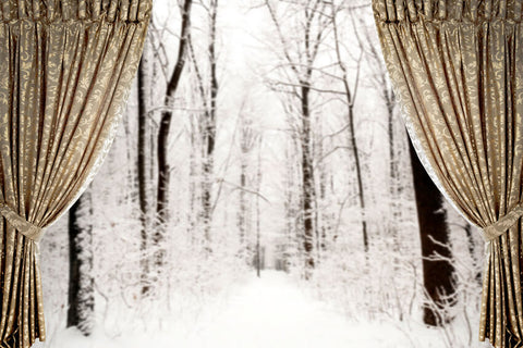 Winter Snow Window View Curtain Backdrop UK M10-03