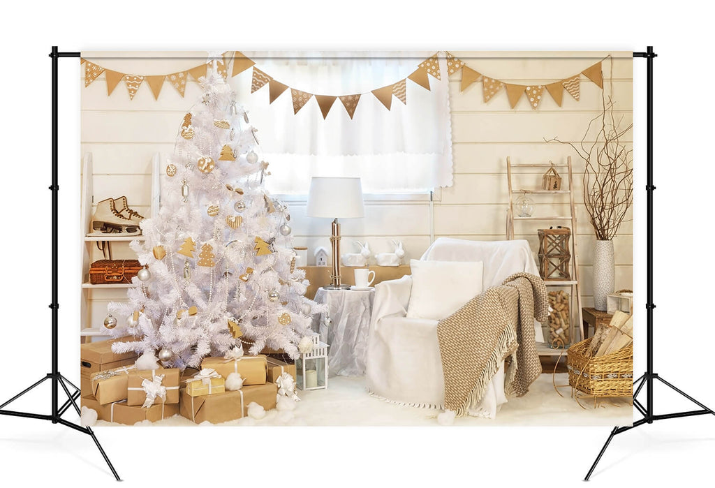 White Christmas Tree Decorated Room Backdrop UK M10-05