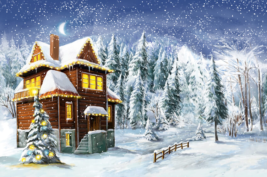 Winter Snowy Village Christmas Tree Backdrop UK M10-07