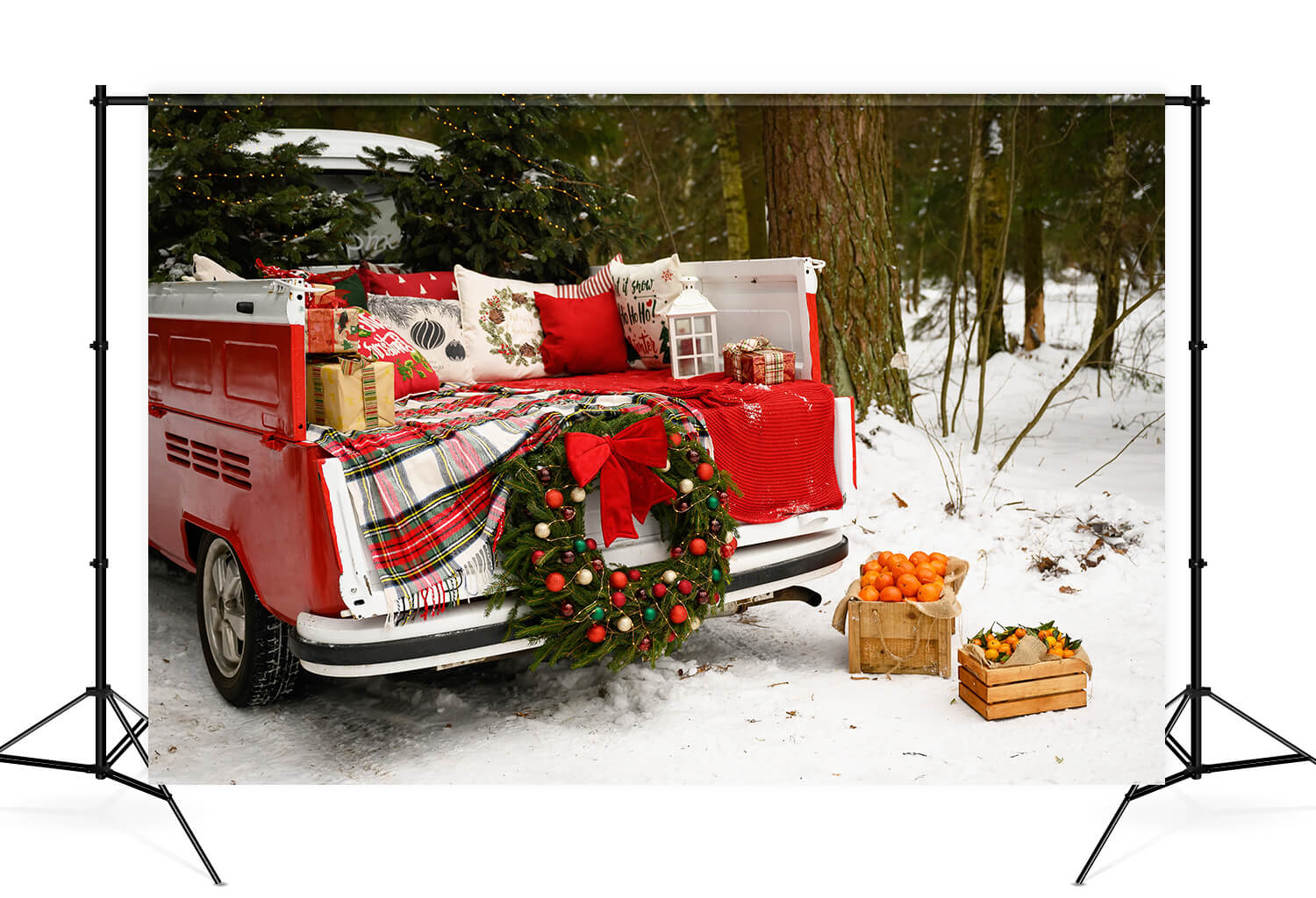 Red Christmas Truck Snowy Forest Backdrop UK M10-10