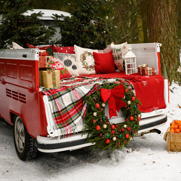 Red Christmas Truck Snowy Forest Backdrop UK M10-10