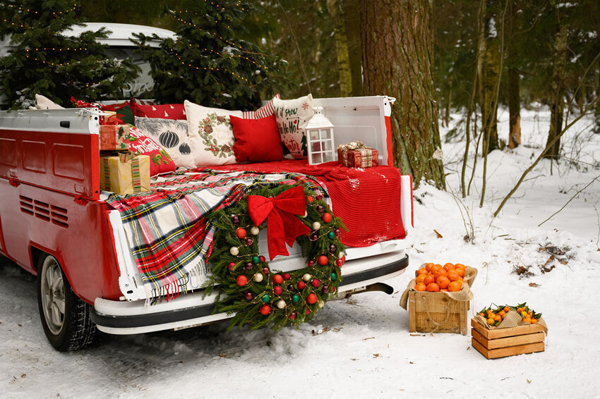 Red Christmas Truck Snowy Forest Backdrop UK M10-10