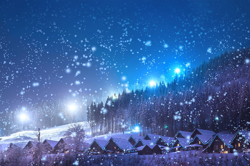 Winter Snow Village Forest Night View Backdrop UK M10-14