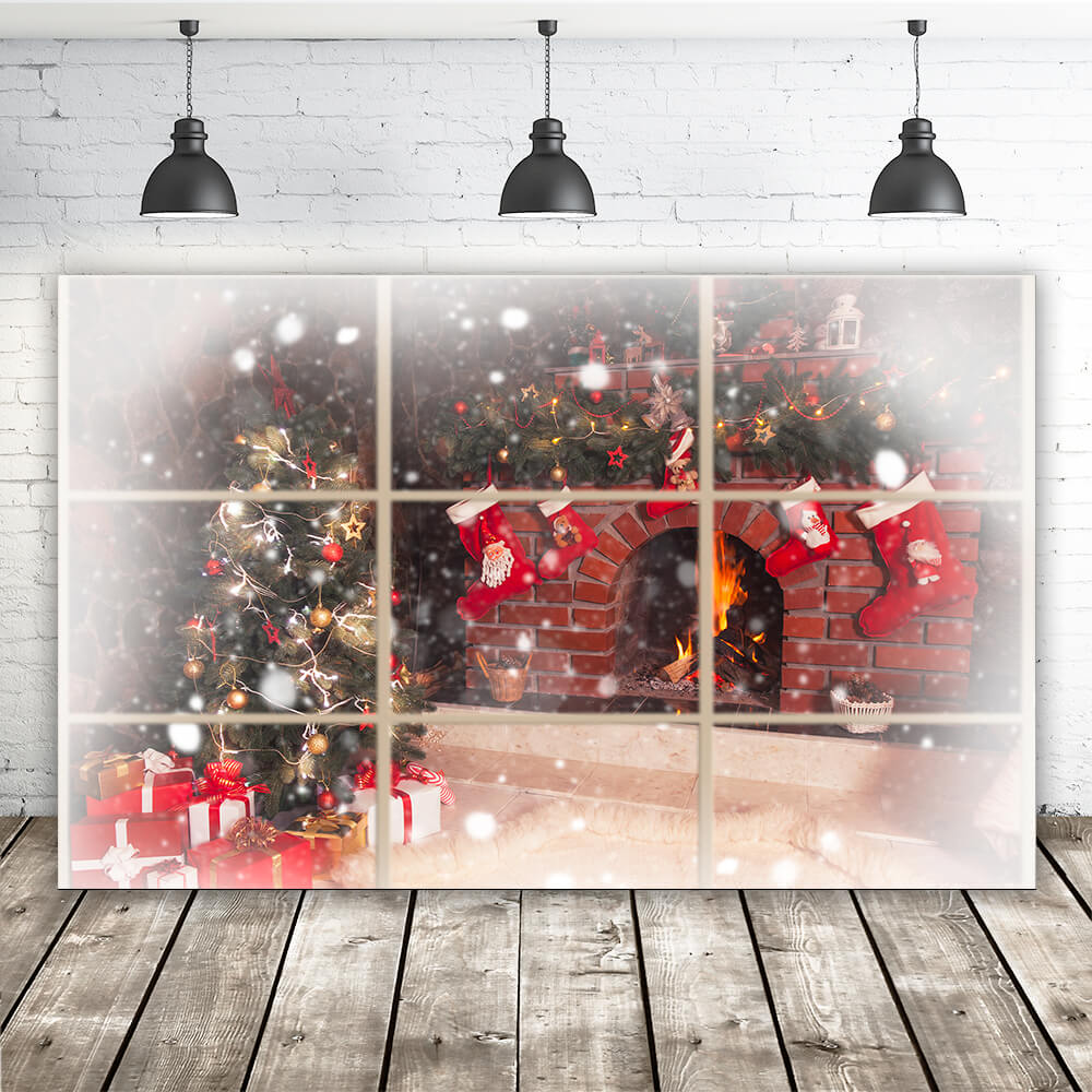 Xmas Fireplace Window Photography Backdrop UK M10-43