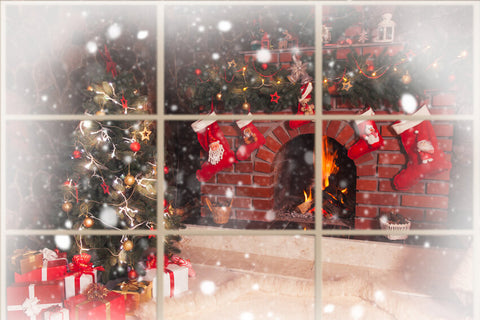 Xmas Fireplace Window Photography Backdrop UK M10-43