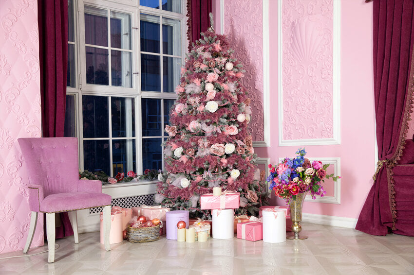 Pink Christmas Tree Room Gifts Backdrop UK M10-45