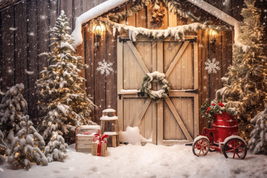 Christmas Rustic Wooden Door Snow Backdrop UK M10-59