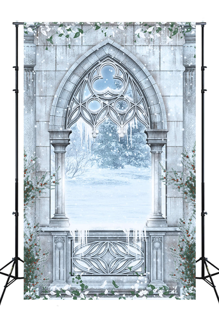 Snowy Winter Fairytale Garden Window Backdrop UK M11-01