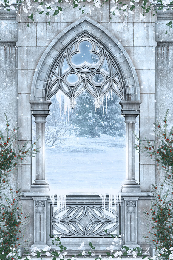 Snowy Winter Fairytale Garden Window Backdrop UK M11-01