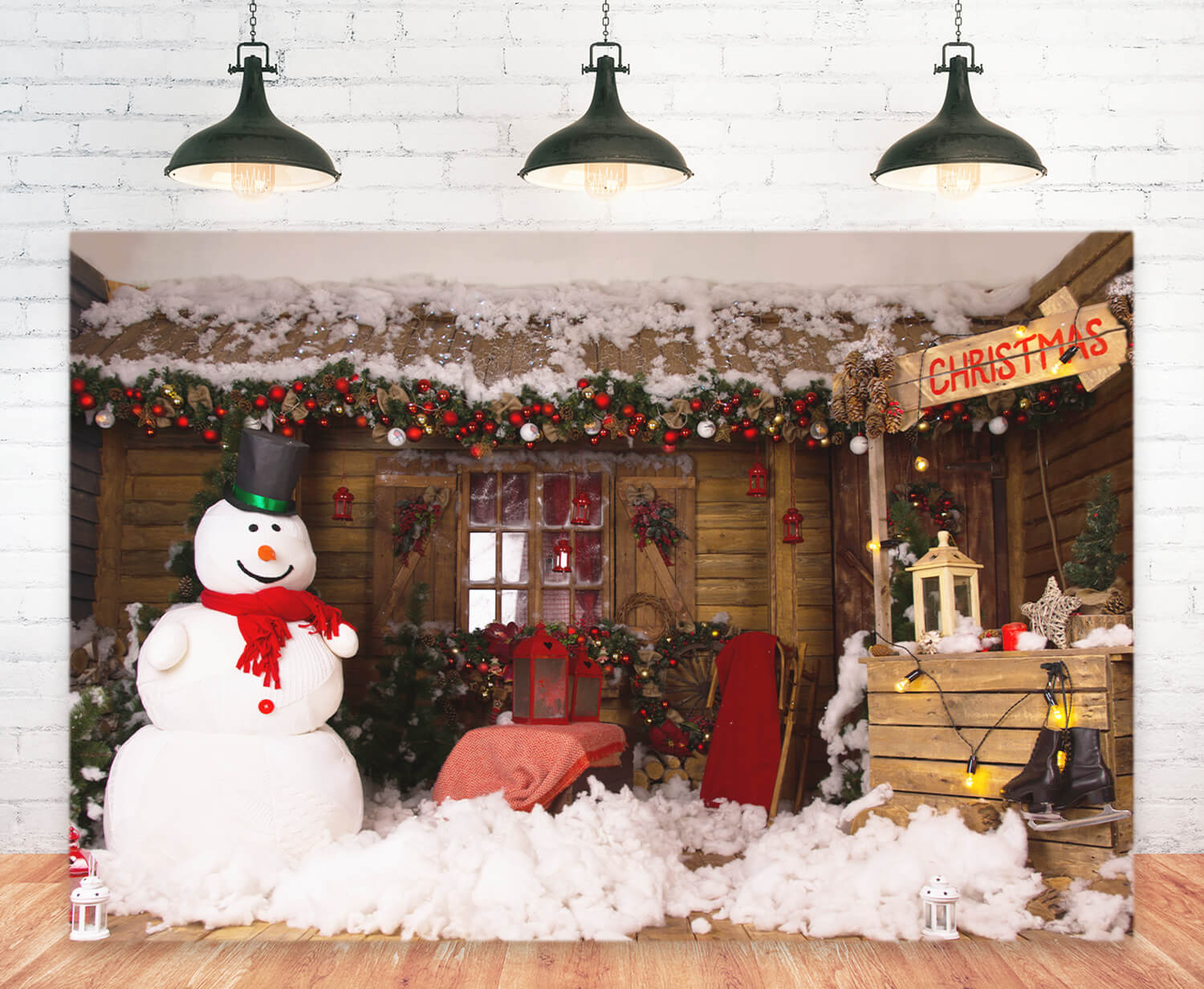 Christmas Tree Wood House Snowman Backdrop UK M11-06