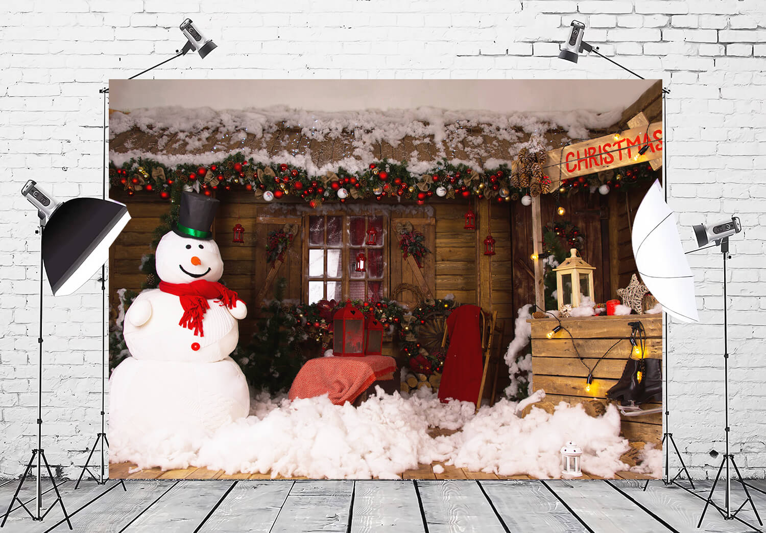 Christmas Tree Wood House Snowman Backdrop UK M11-06