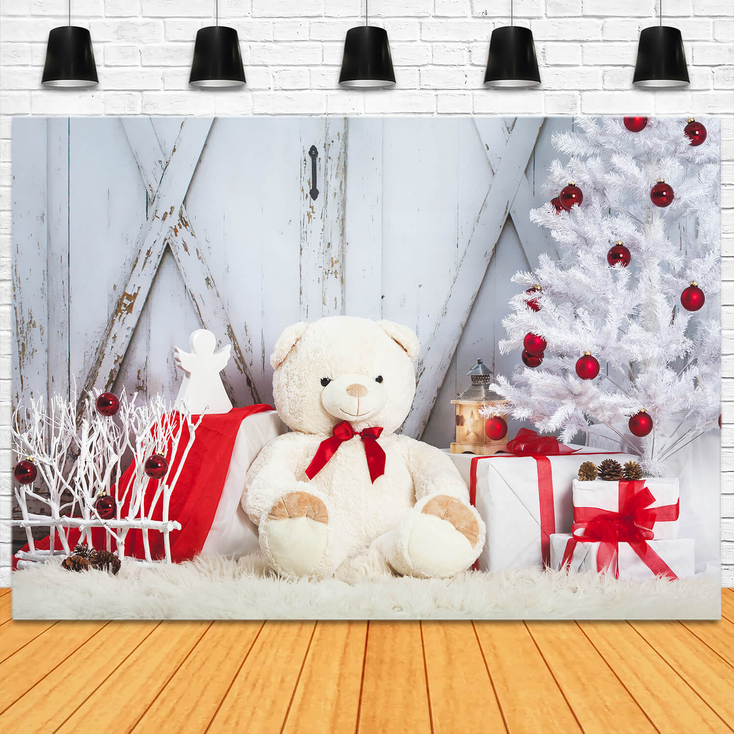 Christmas Tree Toy Bear Barn Door Backdrop UK M11-07