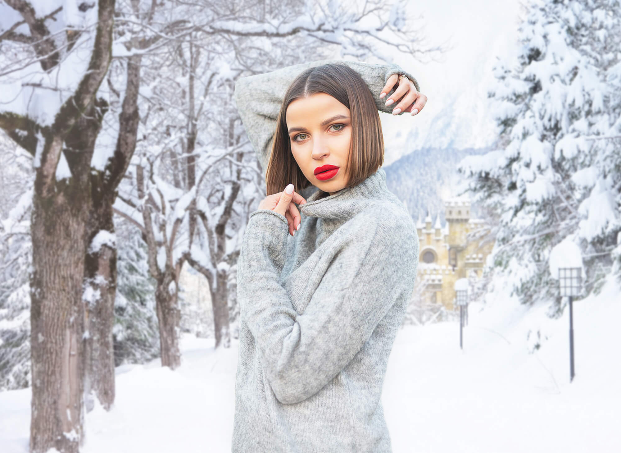 Winter Snowy Trees Road Castle Backdrop UK M11-12