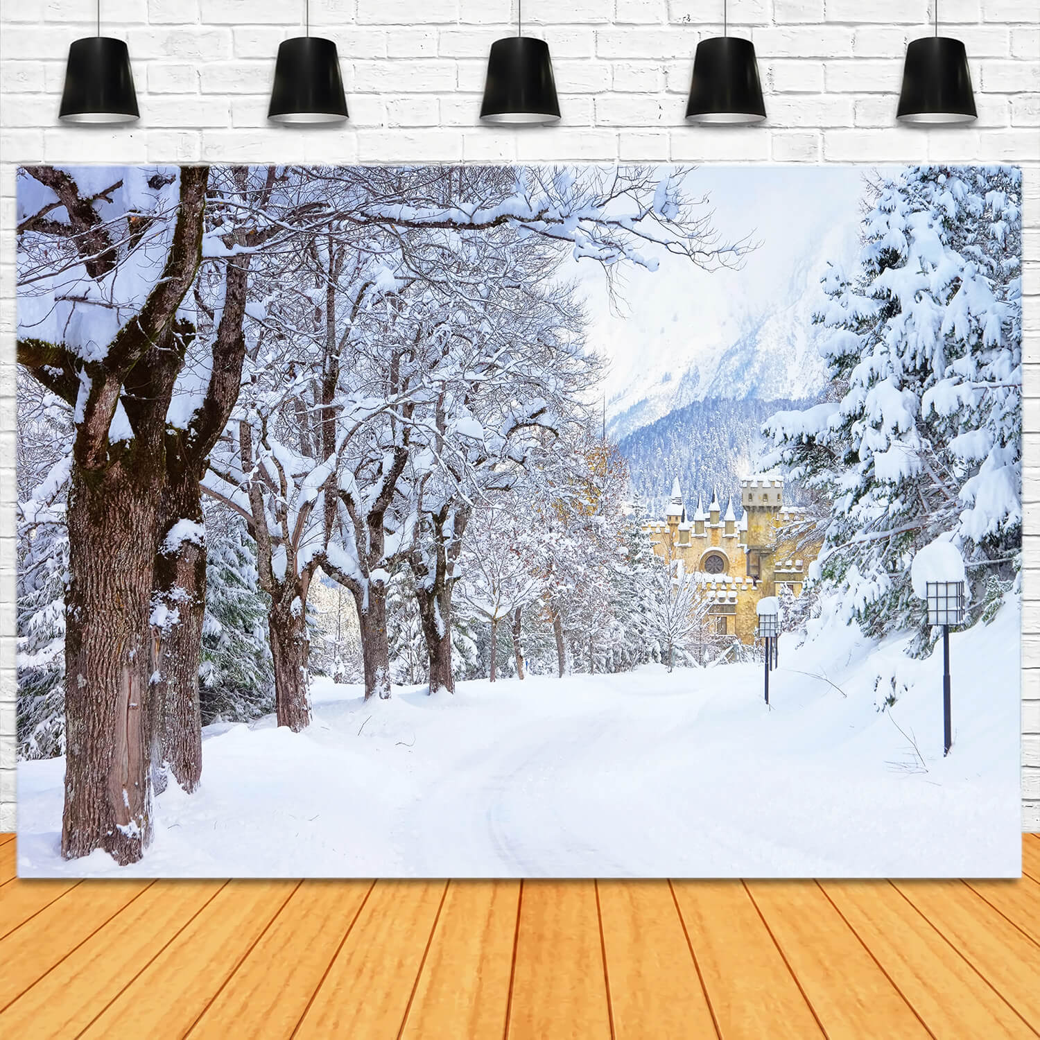 Winter Snowy Trees Road Castle Backdrop UK M11-12