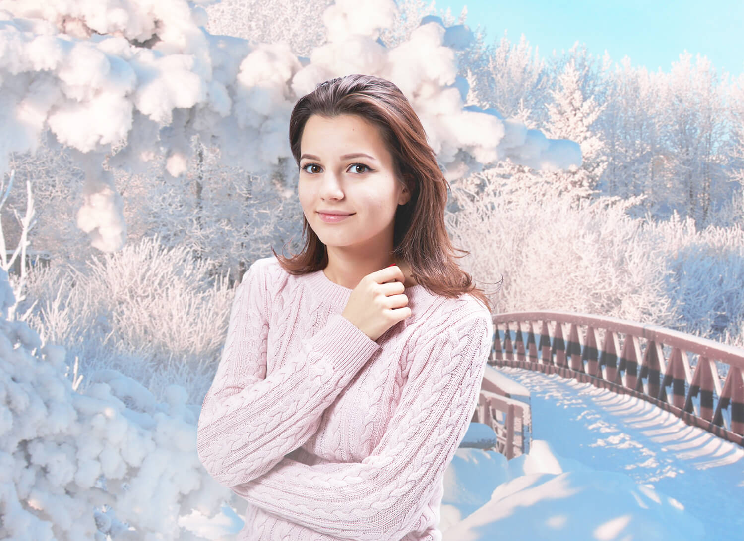 Winter Snow Pine Forest Bridge Backdrop UK M11-18