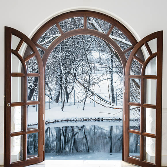 Wooden Arched Window Winter Forest Backdrop UK M11-24