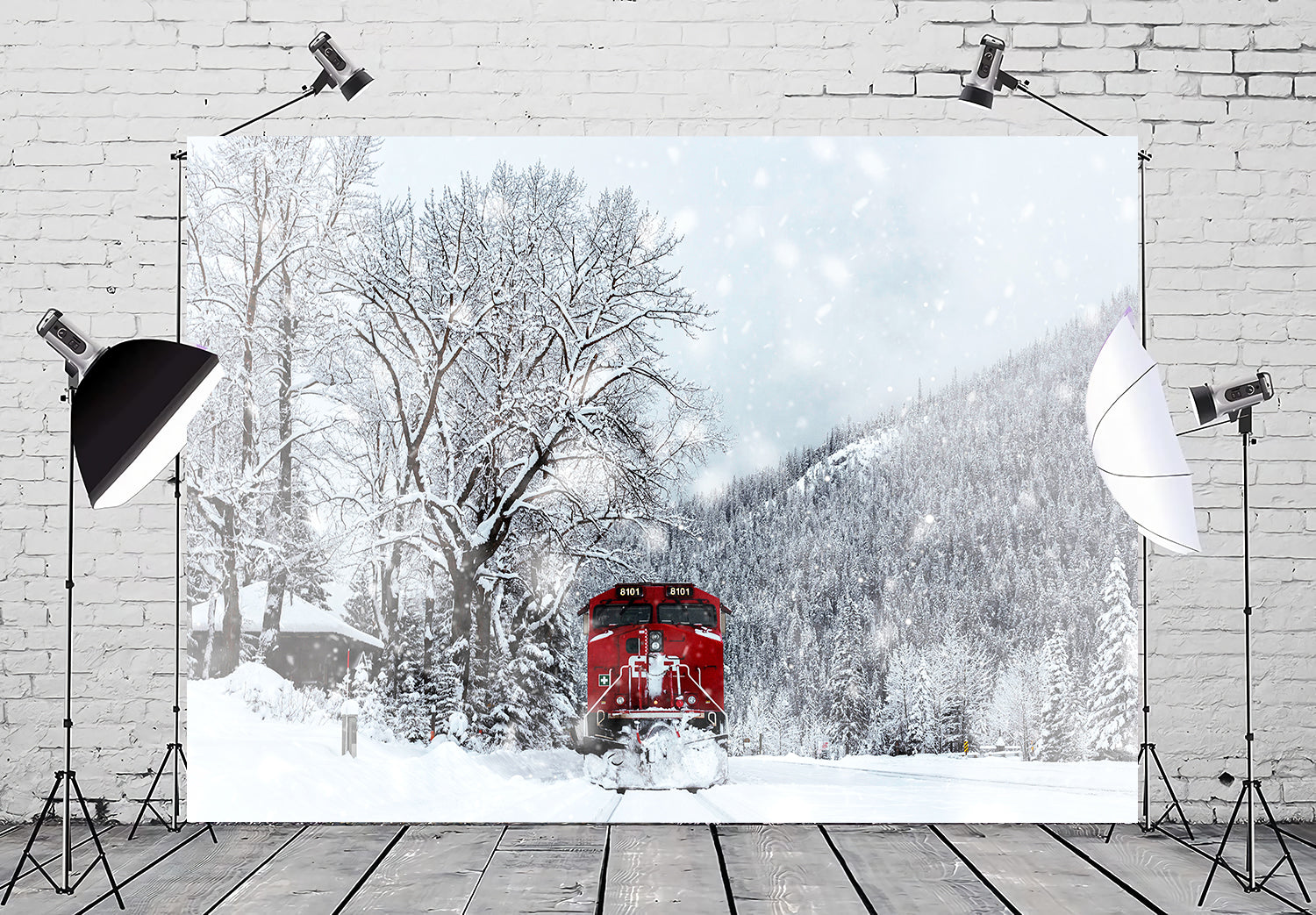 Winter Snow Covered Forest Train Backdrop UK M11-30