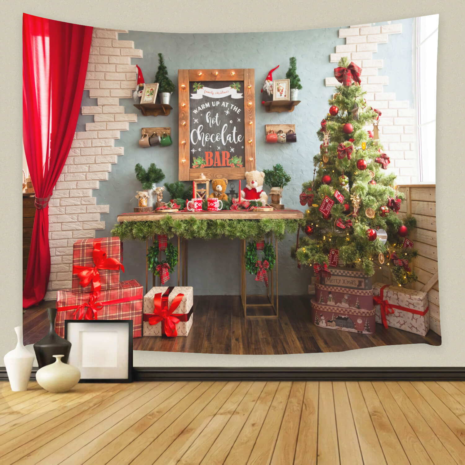 Christmas Tree Red Curtain Gifts Studio Backdrop UK M11-36