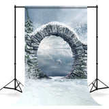 Winter Snow Mountain Lake Stone Arch Backdrop UK M11-49