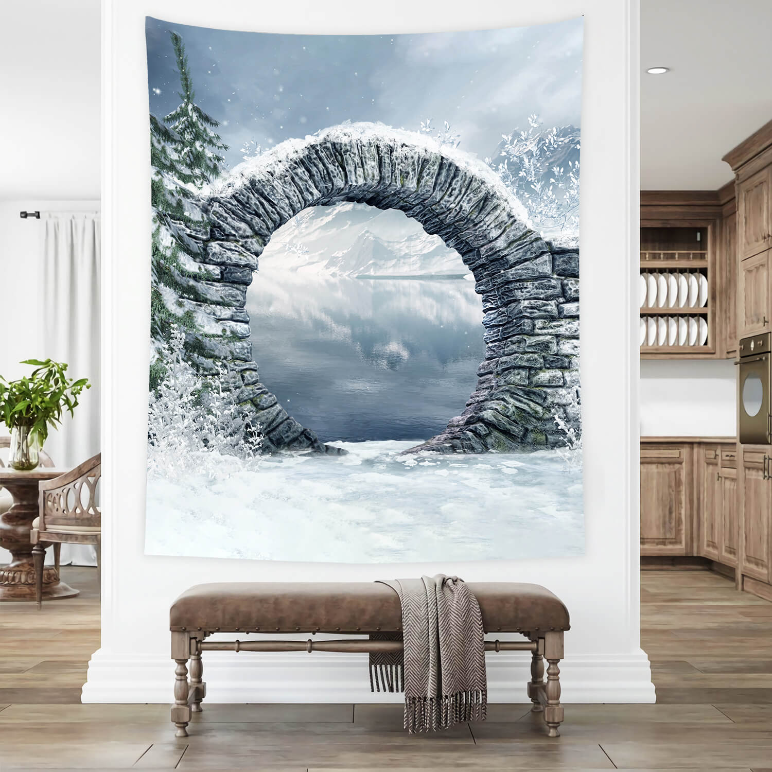 Winter Snow Mountain Lake Stone Arch Backdrop UK M11-49