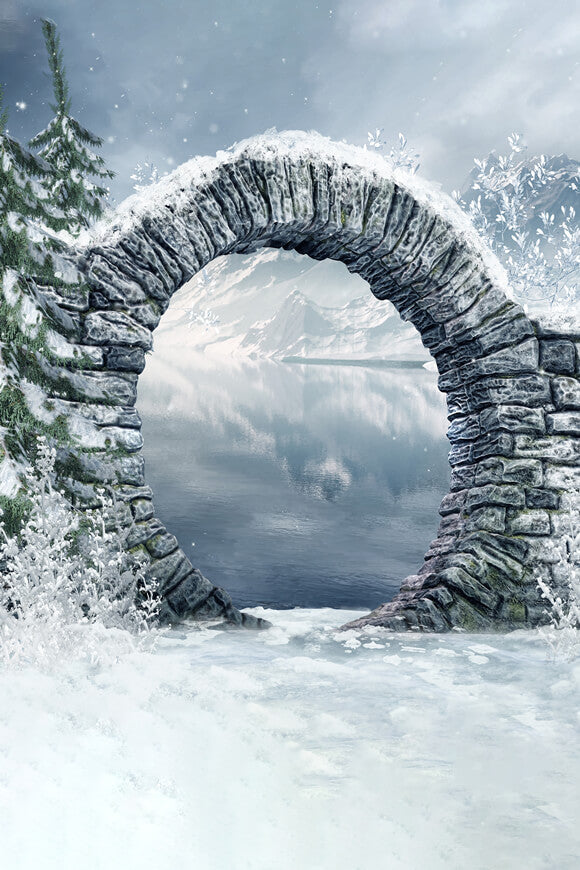 Winter Snow Mountain Lake Stone Arch Backdrop UK M11-49