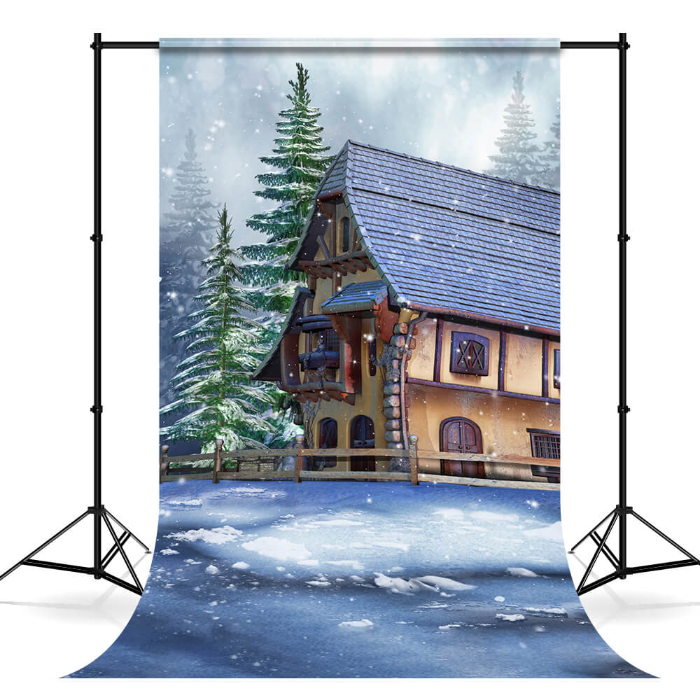 Winter Forest Cabin Snow Photography Backdrop UK M11-50