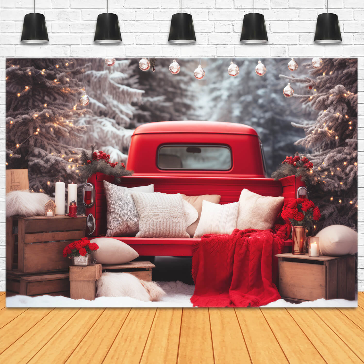 Vintage Christmas Red Car Snowy Forest Backdrop UK M11-57