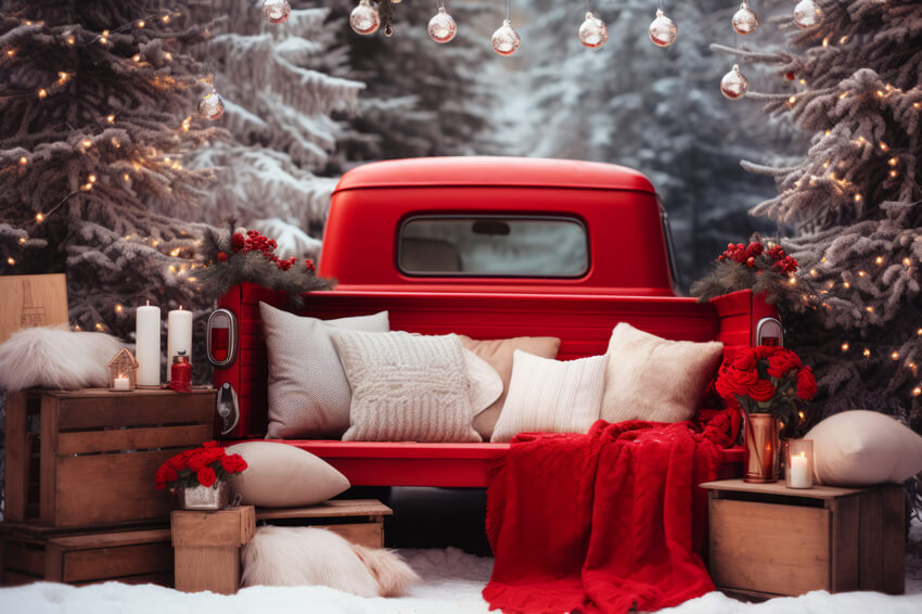 Vintage Christmas Red Car Snowy Forest Backdrop UK M11-57